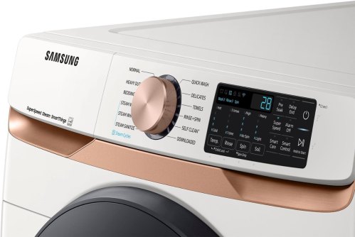 Samsung front load washer in Ivory finish features beautiful Rose Gold trim to enhance your laundry room design.